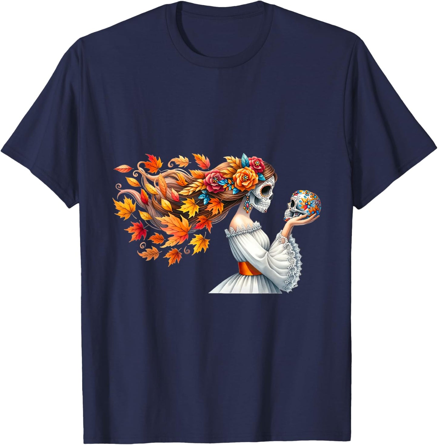 Dia De Los Muertos Catrina Flower Sugar Skull Mexican Women T-Shirt - T-Shirt | Navy