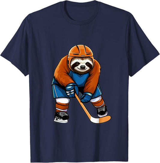 Sloth Playing Hockey Funny Sloth Hockey Player With Stick T-Shirt - T-Shirt | Navy
