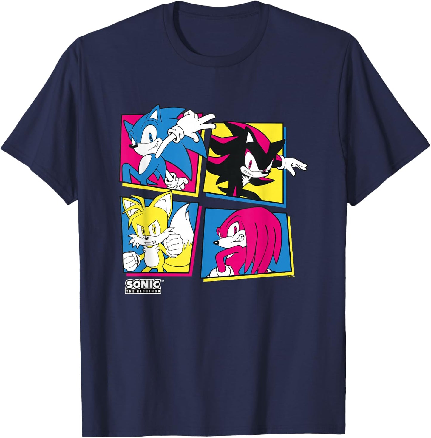 Sonic The Hedgehog Sonic Shadow Tails Knuckles Retro Panels T-Shirt - T-Shirt | Navy