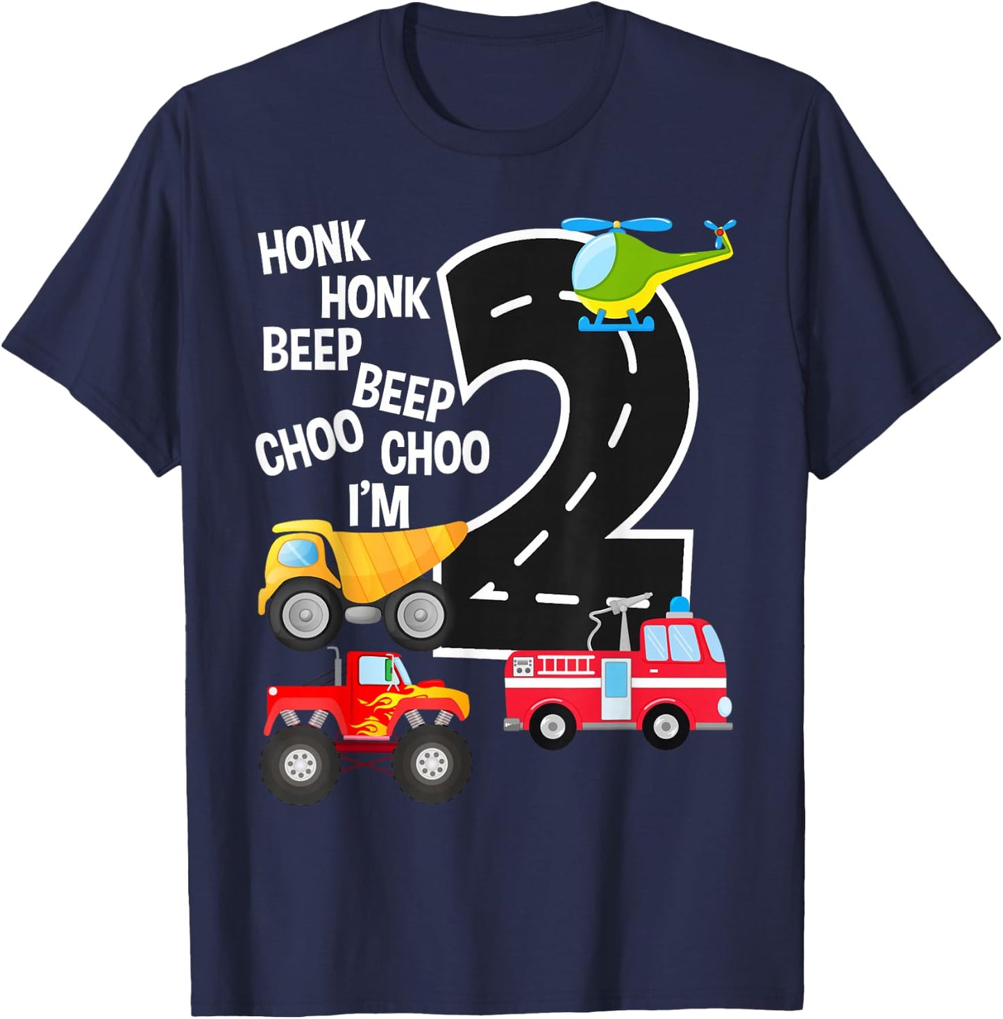 Kids Trucks 2nd Birthday Party Toddler I'm 2 Year Old Bday T-Shirt - T-Shirt | Navy