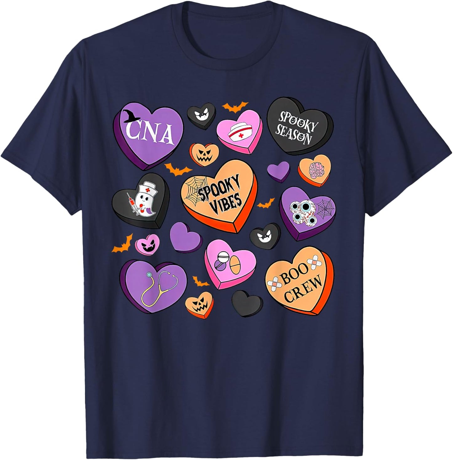 Halloween CNA Nurse Hearts Candy Certified Nursing Assistant T-Shirt - T-Shirt | Navy