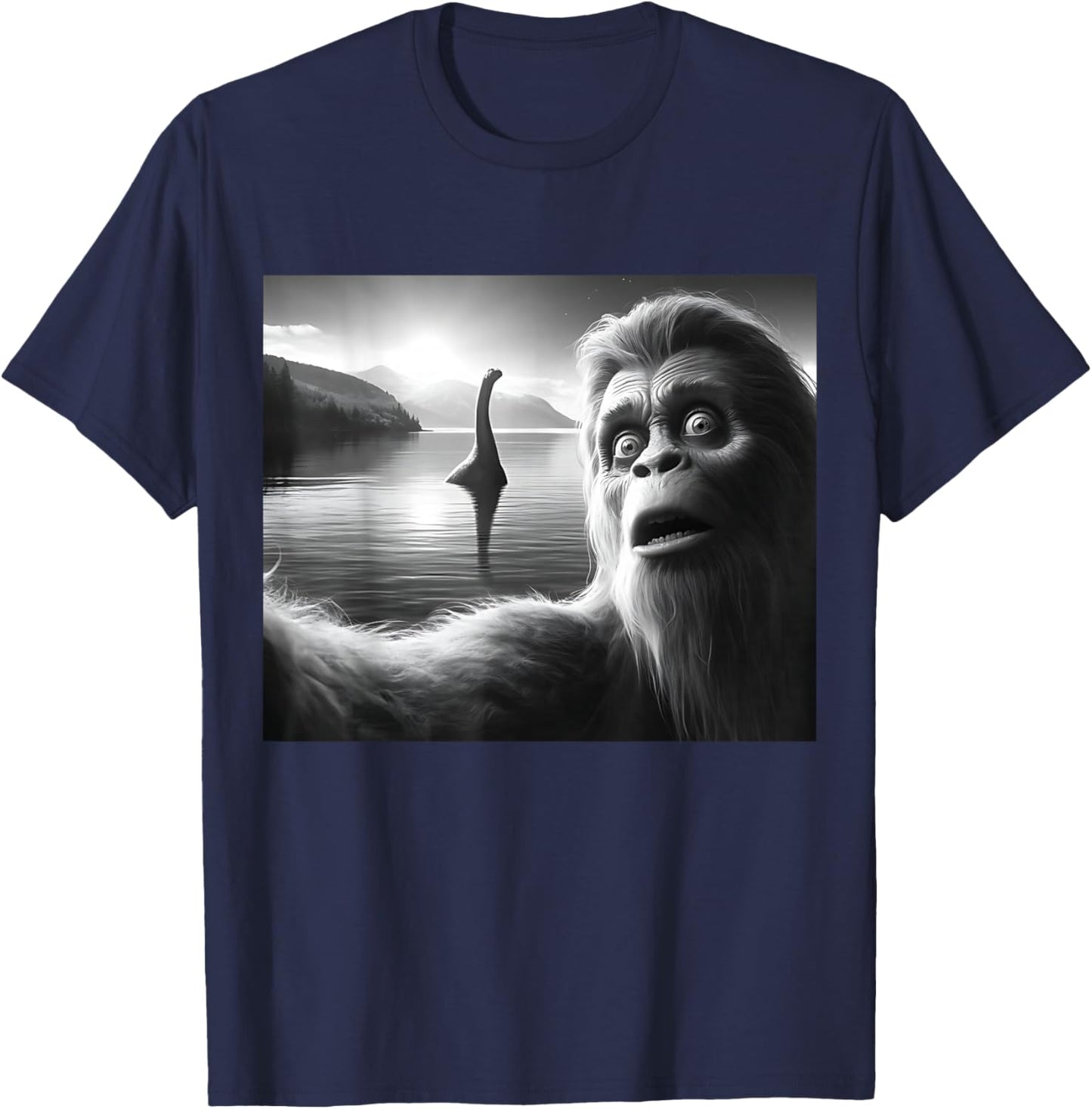 Funny Surprised Squatch Selfie with Loch Ness Monster Nessie T-Shirt - T-Shirt | Navy
