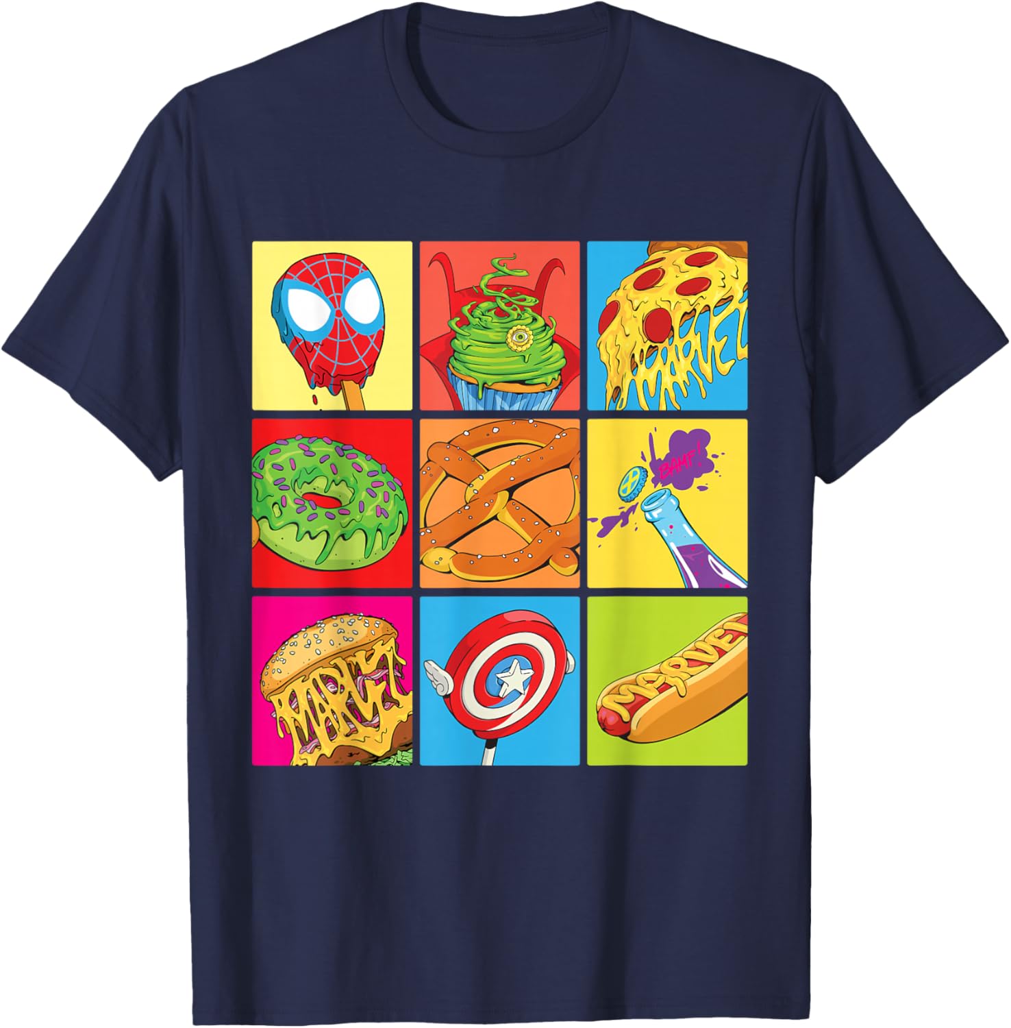 Marvel Spider-Man X-Men Captain America Funny Snack Foods T-Shirt - T-Shirt | Navy