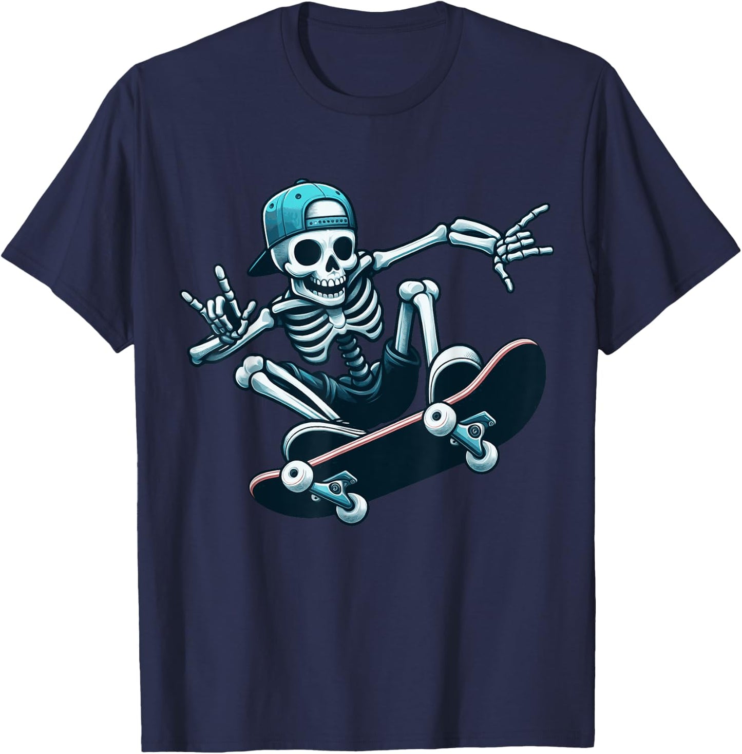 Skeleton Skater Trick Skateboard Skull Action Boney Cool Art T-Shirt - T-Shirt | Navy