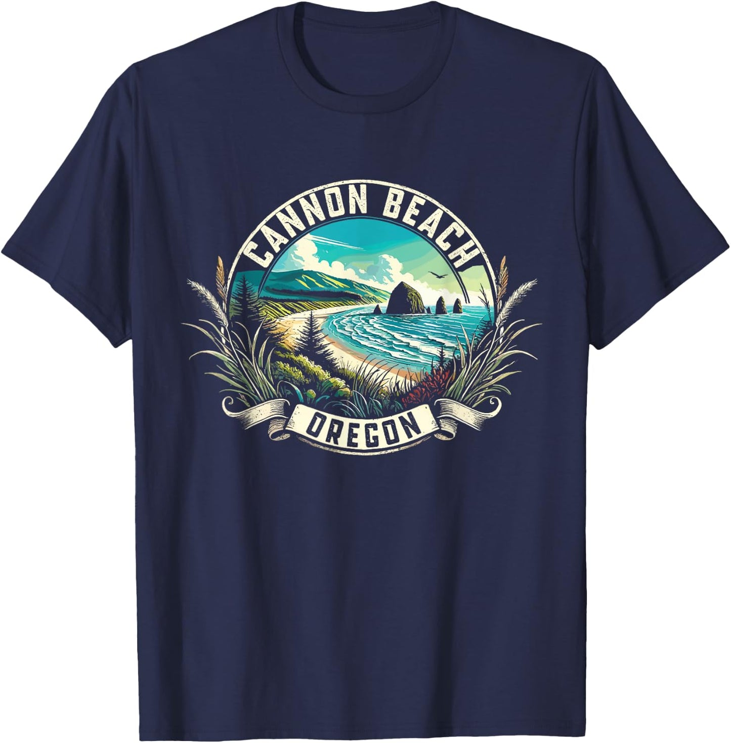 Cannon Beach Watercolor, Cannon Beach Oregon, Cannon Beach T-Shirt - T-Shirt | Navy