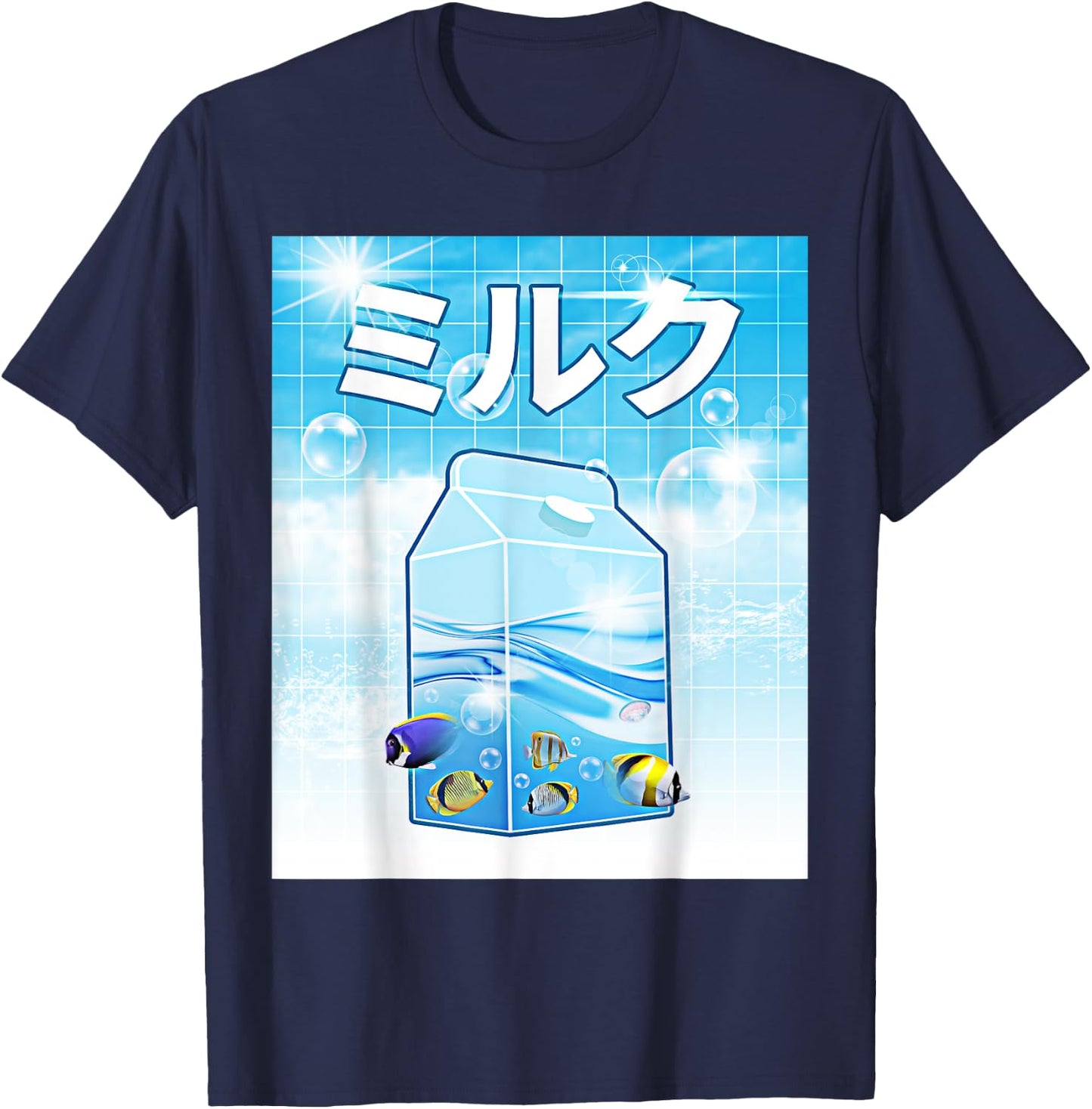 Frutiger Aero Aesthetic Tech Kawaii Milk Underwater Fishes T-Shirt - T-Shirt | Navy