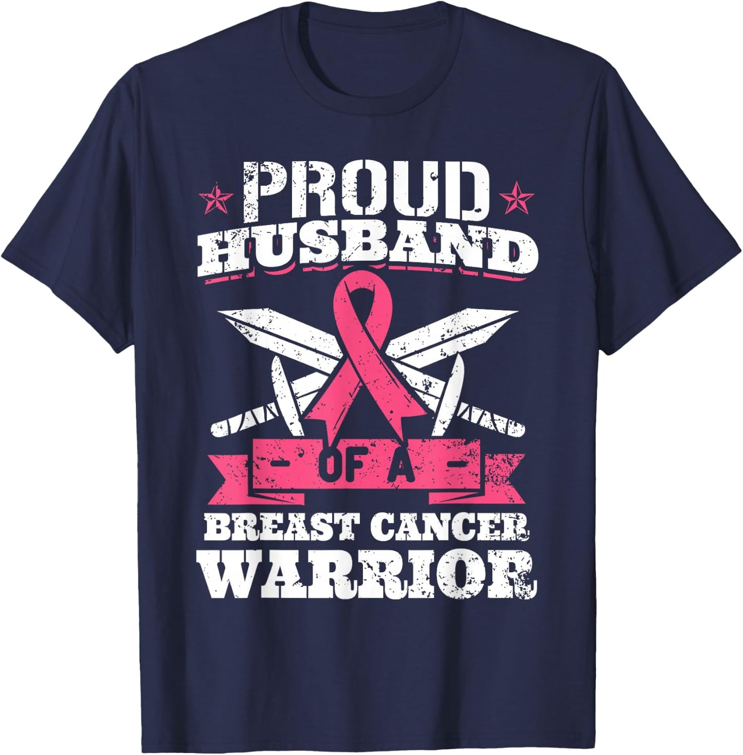 Proud Husband Of Breast Cancer Warrior Pink Awareness Ribbon T-Shirt - T-Shirt | Navy