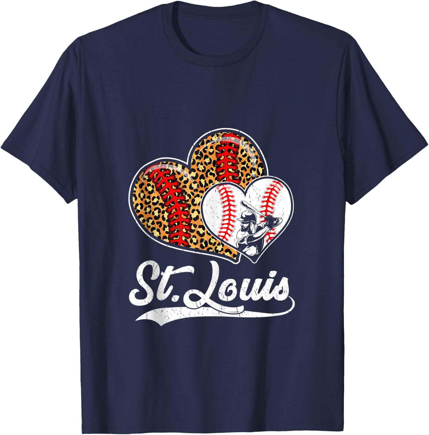 Vintage St Louis Baseball Leopard Hearts Baseball Lover T-Shirt - T-Shirt | Navy