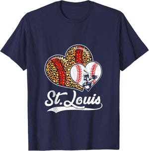 Vintage St Louis Baseball Leopard Hearts Baseball Lover T-Shirt - T-Shirt | Navy