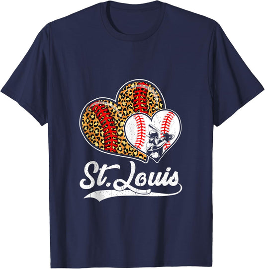 Vintage St Louis Baseball Leopard Hearts Baseball Lover T-Shirt - T-Shirt | Navy