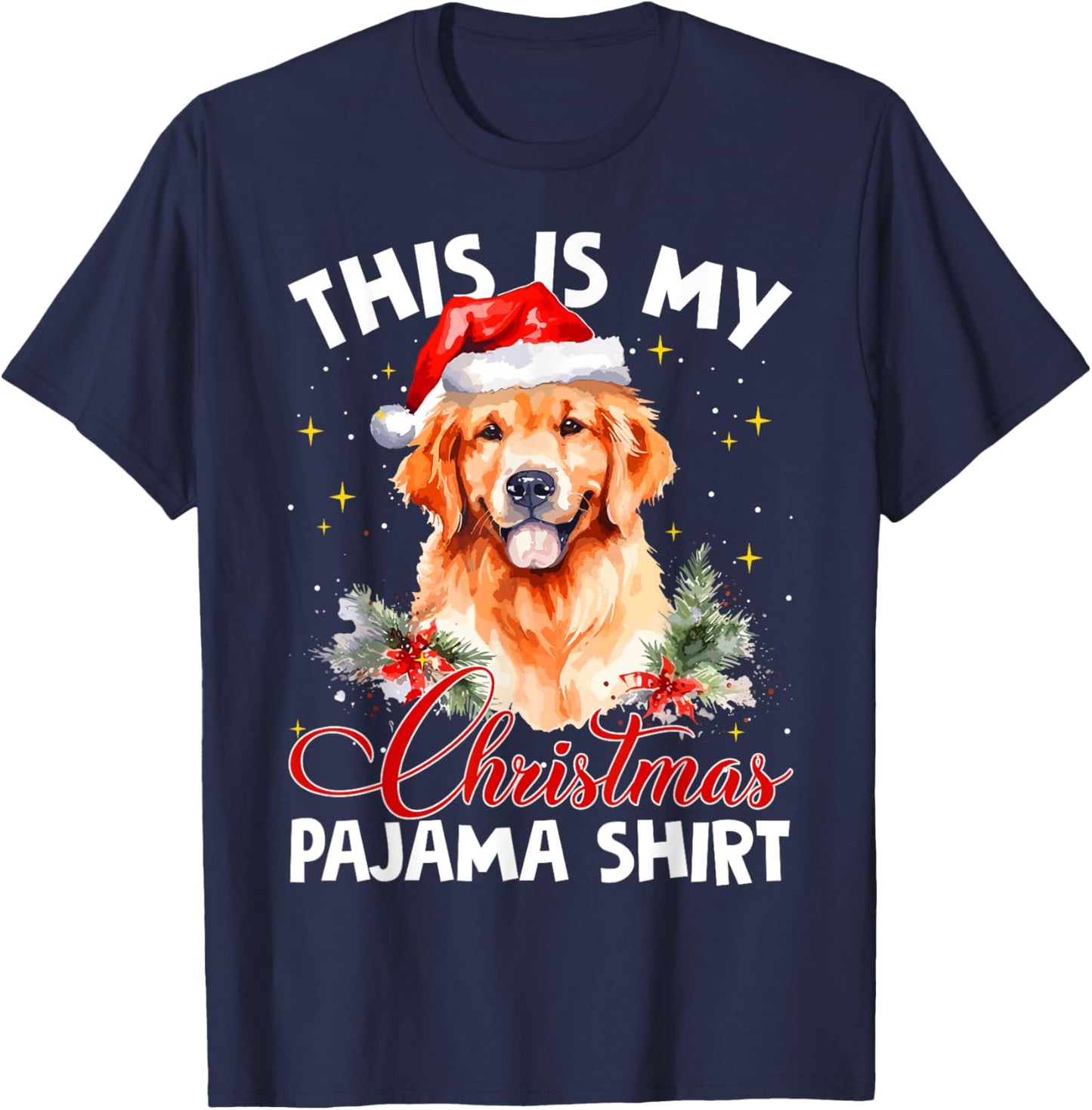 Golden Retriever Christmas Pajama Santa Hat Dog Lover Funny Women T-Shirt - T-Shirt | Navy