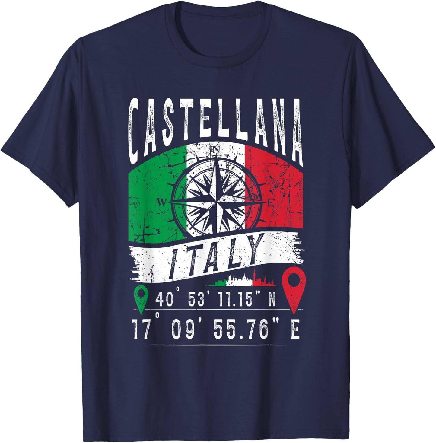 Castellana Italy Flag Italia GPS Coordinates Of Castellana T-Shirt - T-Shirt | Navy