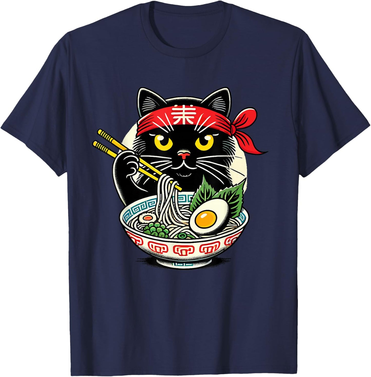 Cat Eating Ramen Noodles, Japanese Anime & Kawaii, Black Cat T-Shirt - T-Shirt | Navy