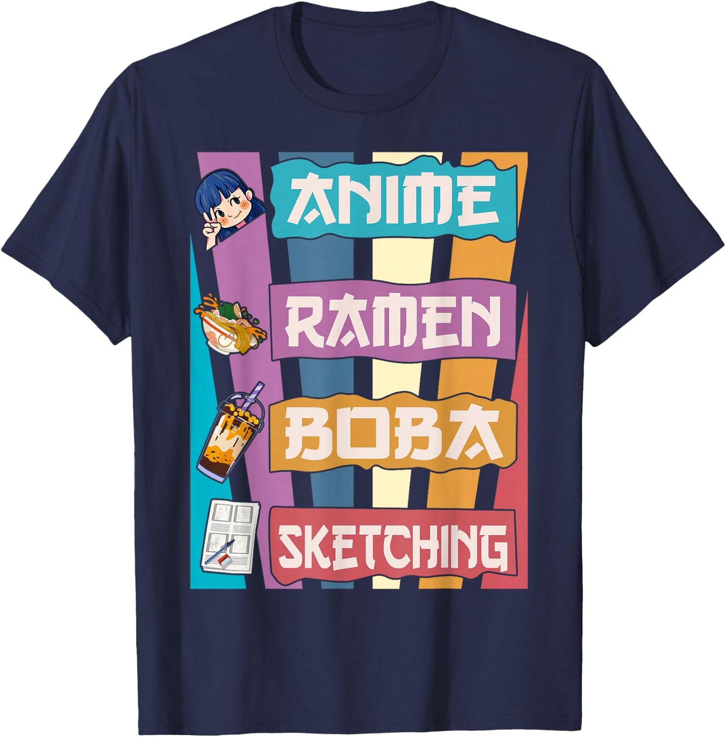 Anime Ramen Boba Sketching Kawaii Anime Lover Merch Gift T-Shirt - T-Shirt | Navy