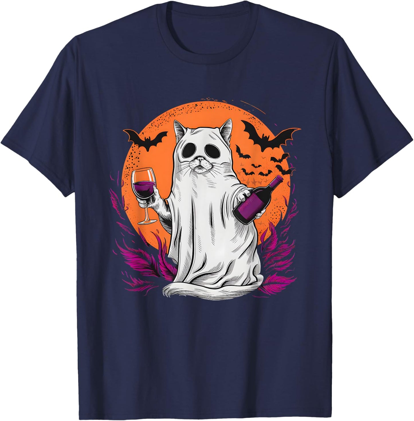 Halloween Ghost Cat Holding Wine Glass T-Shirt - T-Shirt | Navy