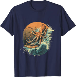 Cthulhu Ocean Sea Animal Octopus Lover Surfing Sea Monster T-Shirt - T-Shirt | Navy