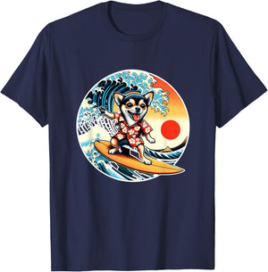 Great Wave Kanagawa Chihuahua dog Surfing T-Shirt - T-Shirt | Navy