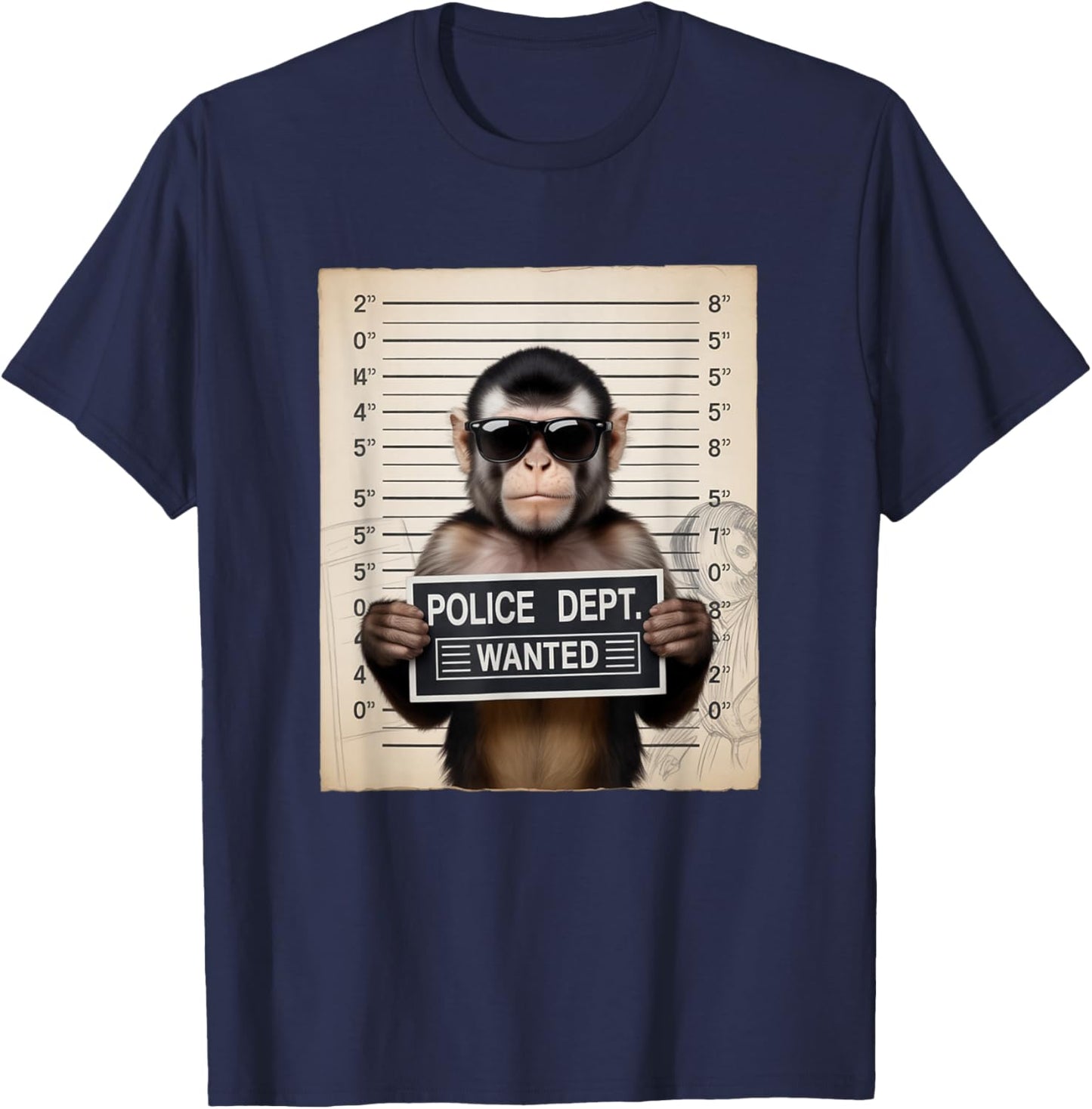 Mugshot Style Art Capuchin Monkey Sunglasses T-Shirt - T-Shirt | Navy