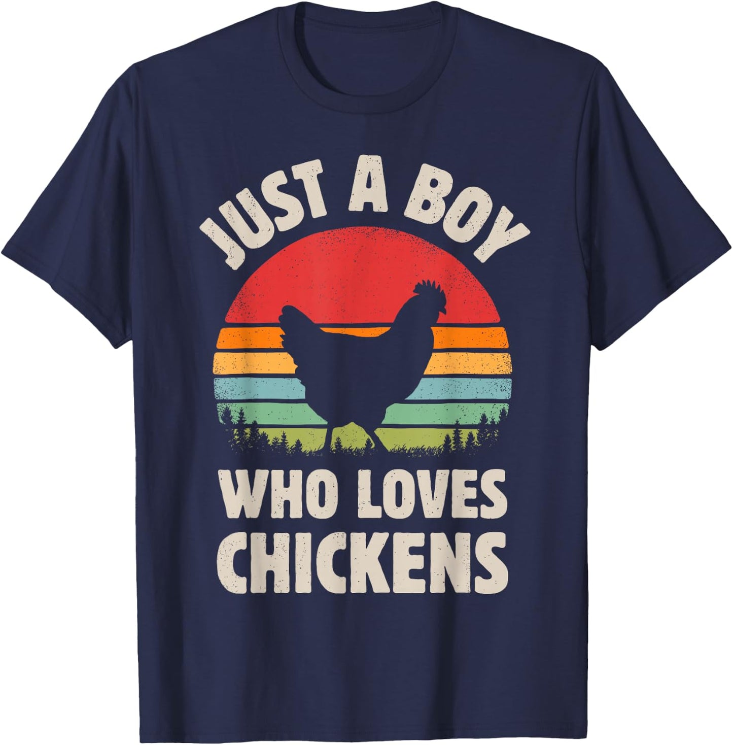 Chicken Just A Boy Who Loves Retro Farm Animal Farmer Sunset T-Shirt - T-Shirt | Navy