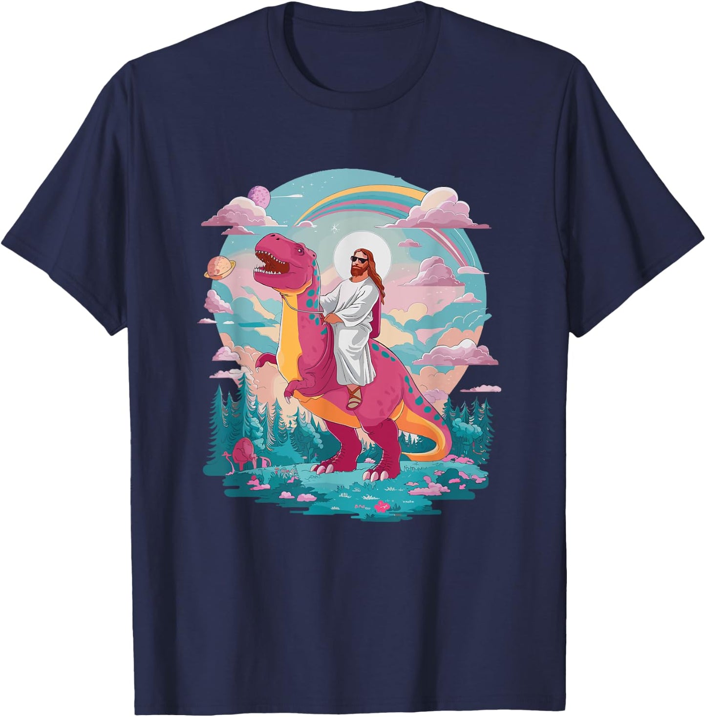 Funny Jesus Riding T-Rex Dinosaur Meme Parody for Believers T-Shirt - T-Shirt | Navy