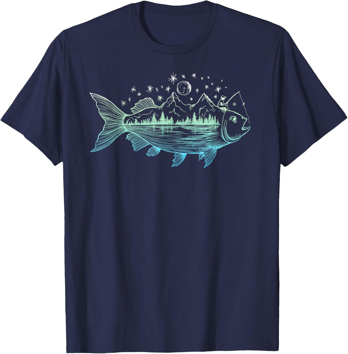 Cool Fish Shaped from Mountains Nature Scene Fishing T-Shirt - T-Shirt | Navy