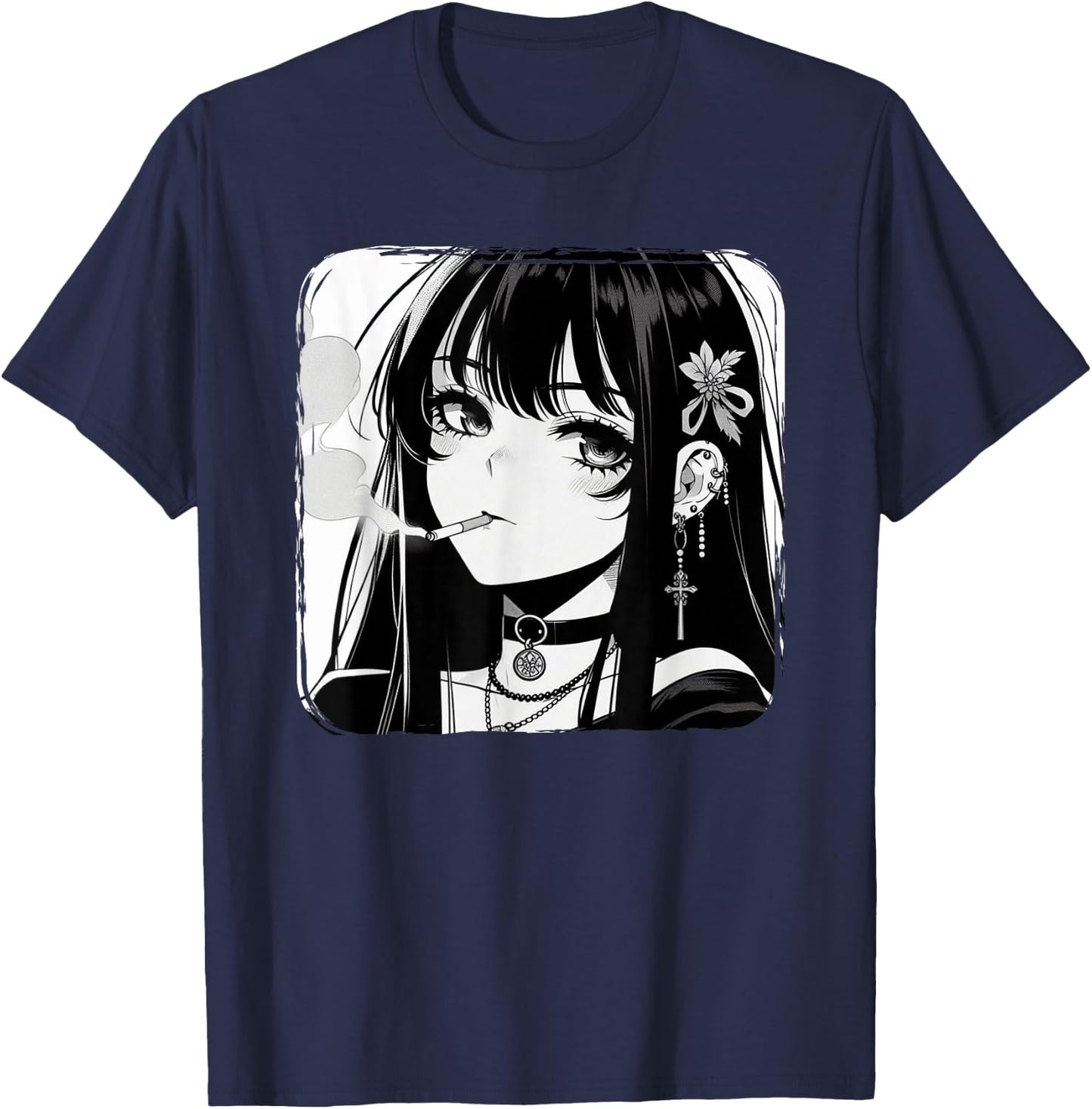 Anime Horror Girl Aesthetic Grunge Waifu Japanese Otaku T-Shirt - T-Shirt | Navy