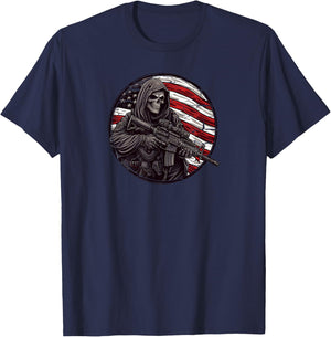Grim Reaper Death Skeleton Halloween American Flag T-Shirt - T-Shirt | Navy