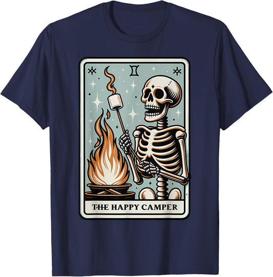Camping Tarot Card Happy Camper Skeleton Outdoors Hiking T-Shirt - T-Shirt | Navy