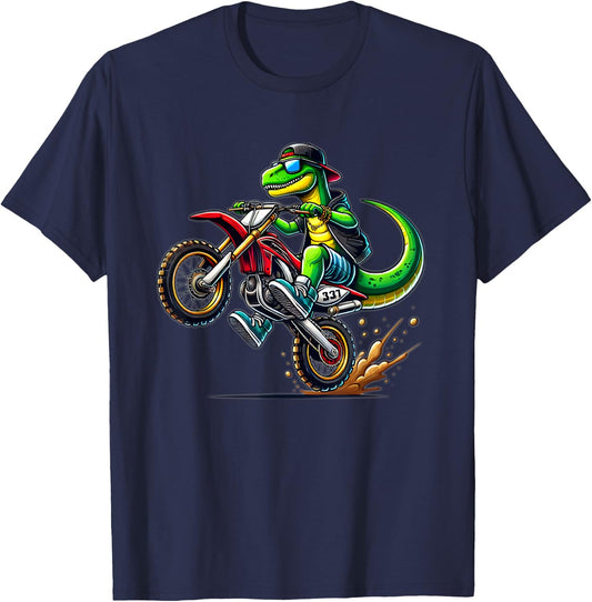 Funny Dirt Bike Boys Kids Dinosaur Motorcycle Riding T-Shirt - T-Shirt | Navy