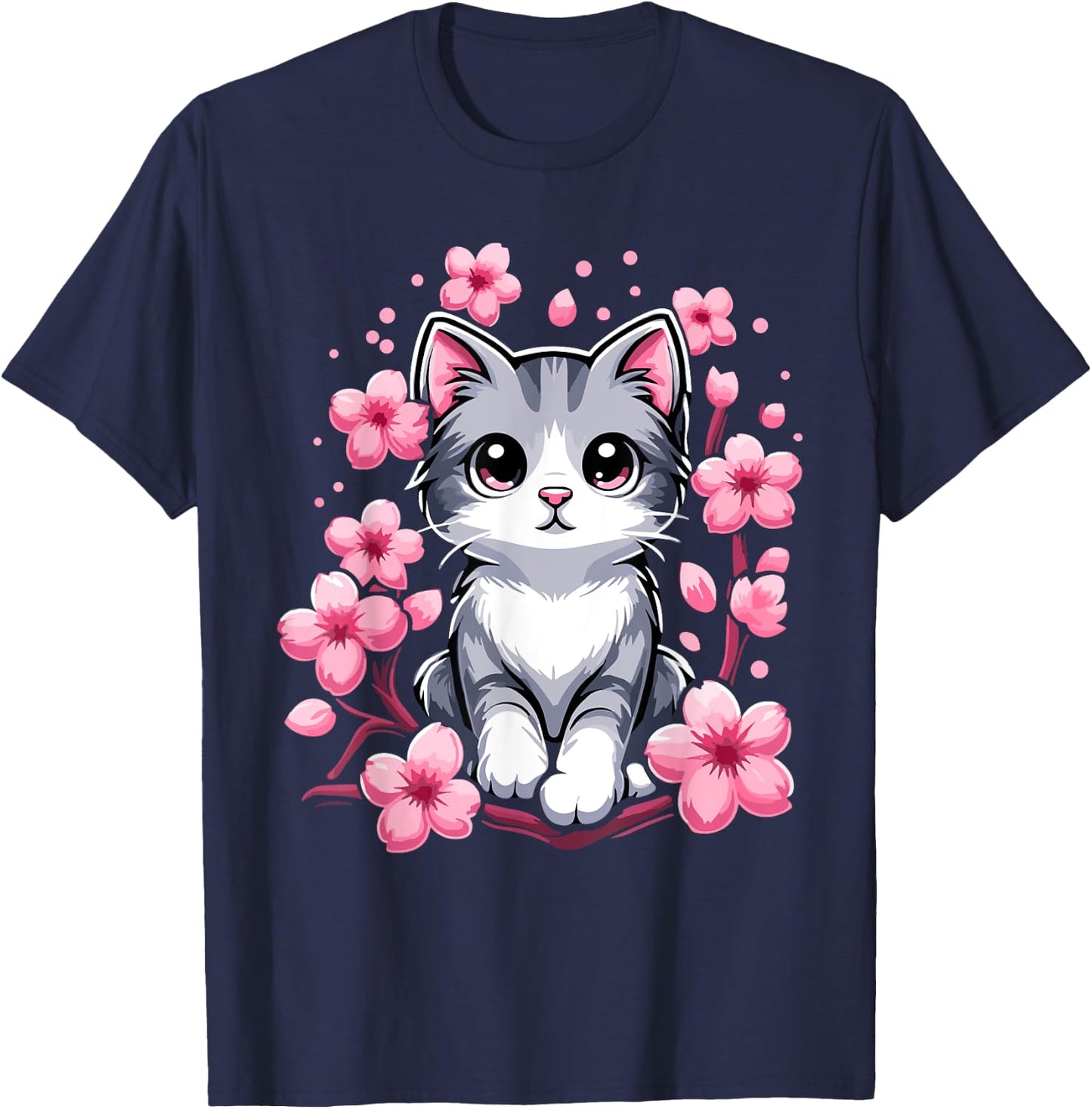 Cute Cherry Blossom Cat Kitten Men Women Girls Kids T-Shirt - T-Shirt | Navy