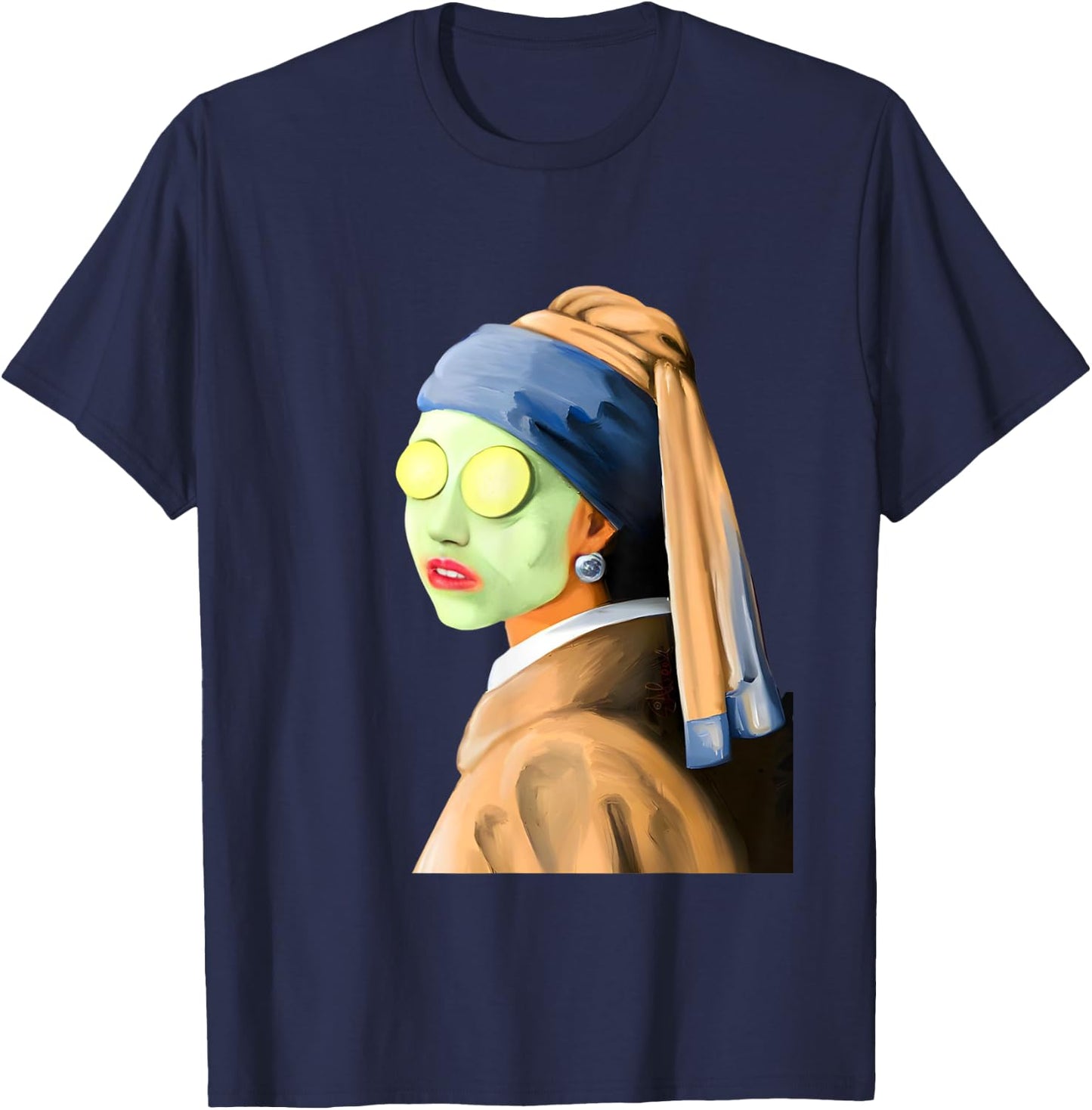 Girl with a Pearl Earring Face Mask by Johannes Vermeer Art T-Shirt - T-Shirt | Navy