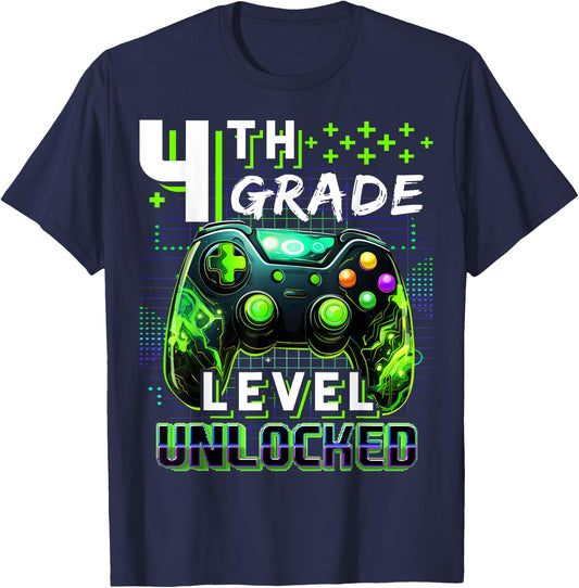 Back to School 4th Grade Boys Gamer First Day School Level T-Shirt - T-Shirt | Navy