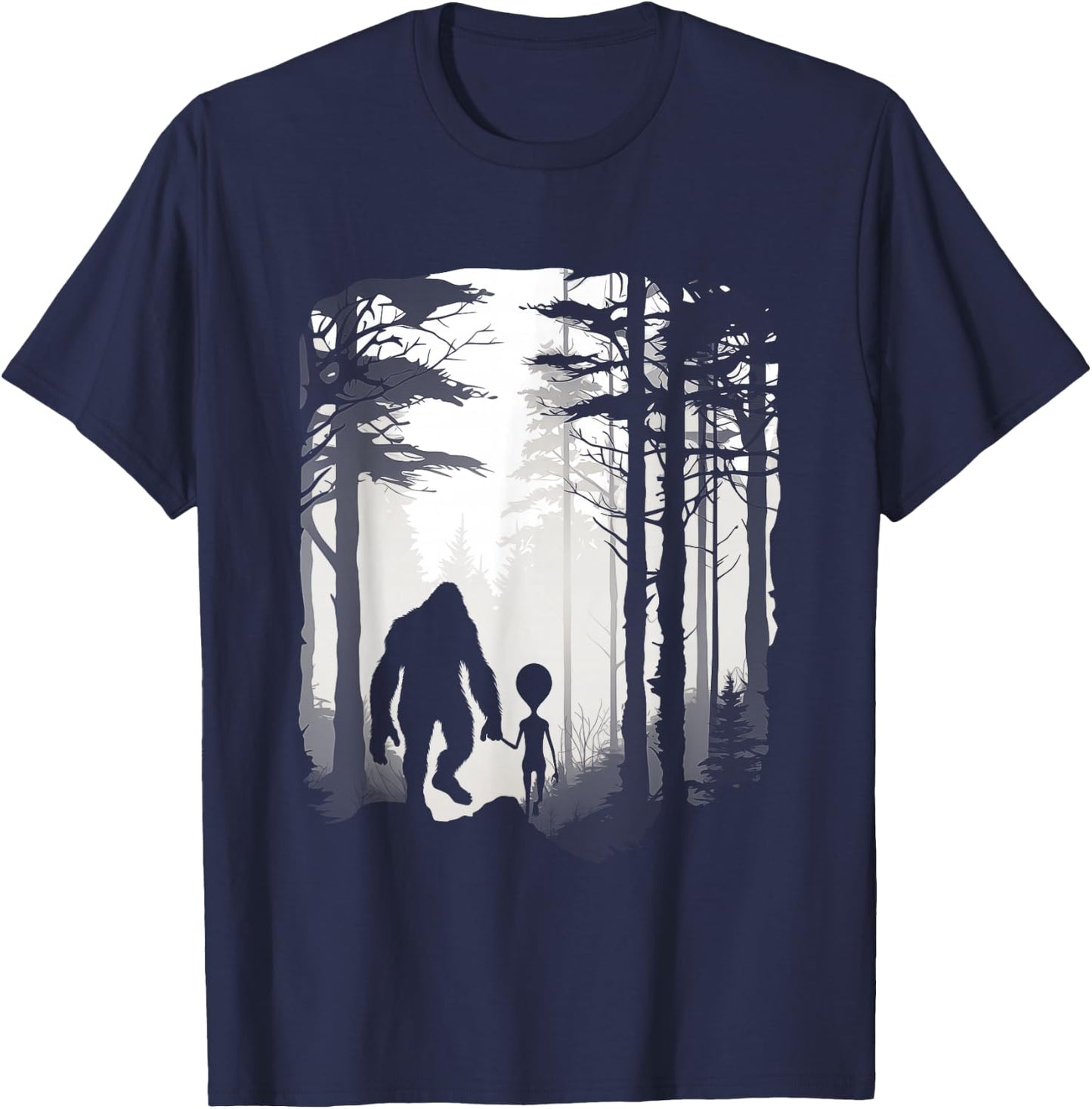 Funny Bigfoot Alien Holding Hands Foggy Forest Walk T-Shirt - T-Shirt | Navy