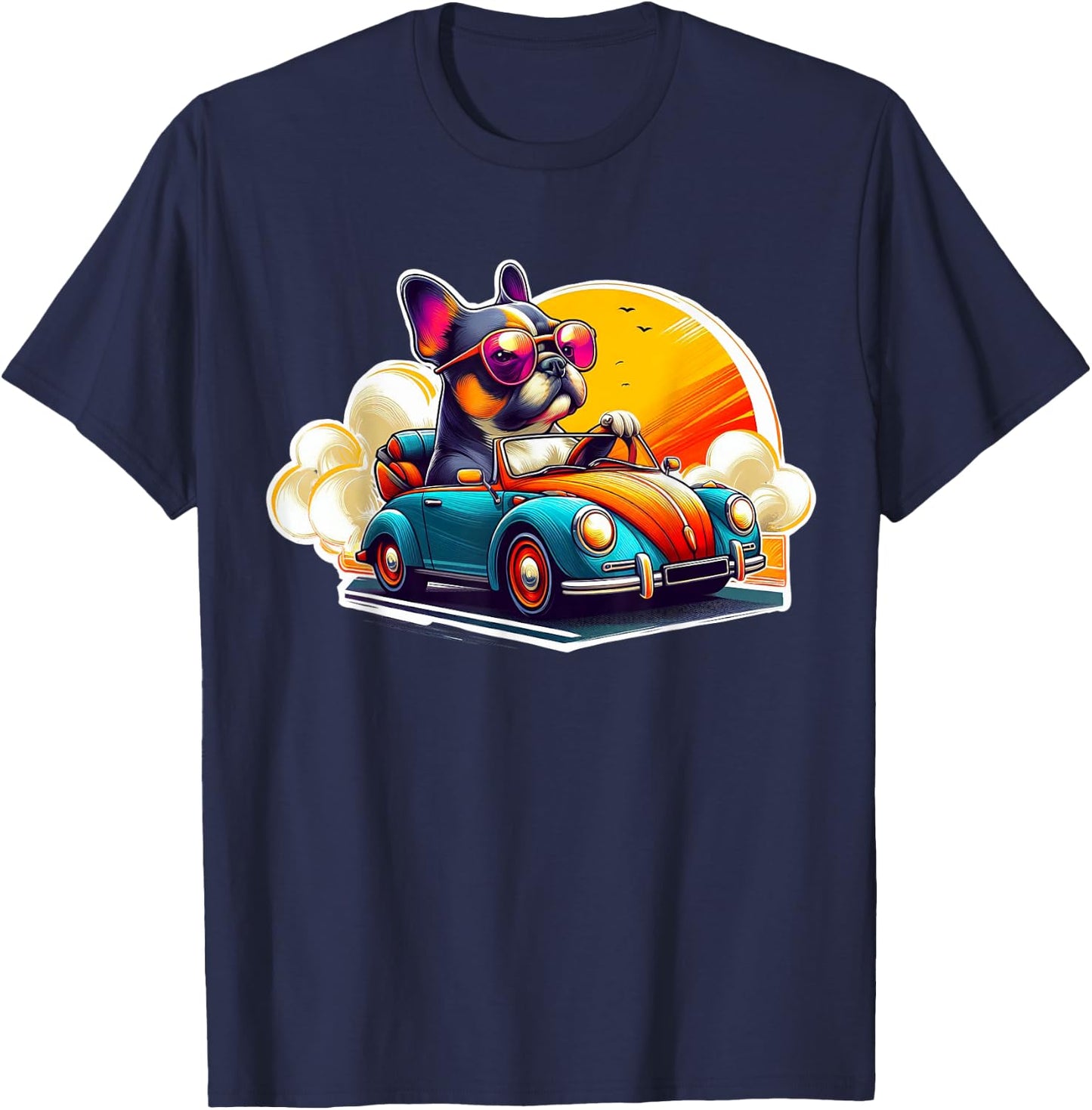 French Bulldog Driving Retro Convertible Car - Frenchie Gift T-Shirt - T-Shirt | Navy