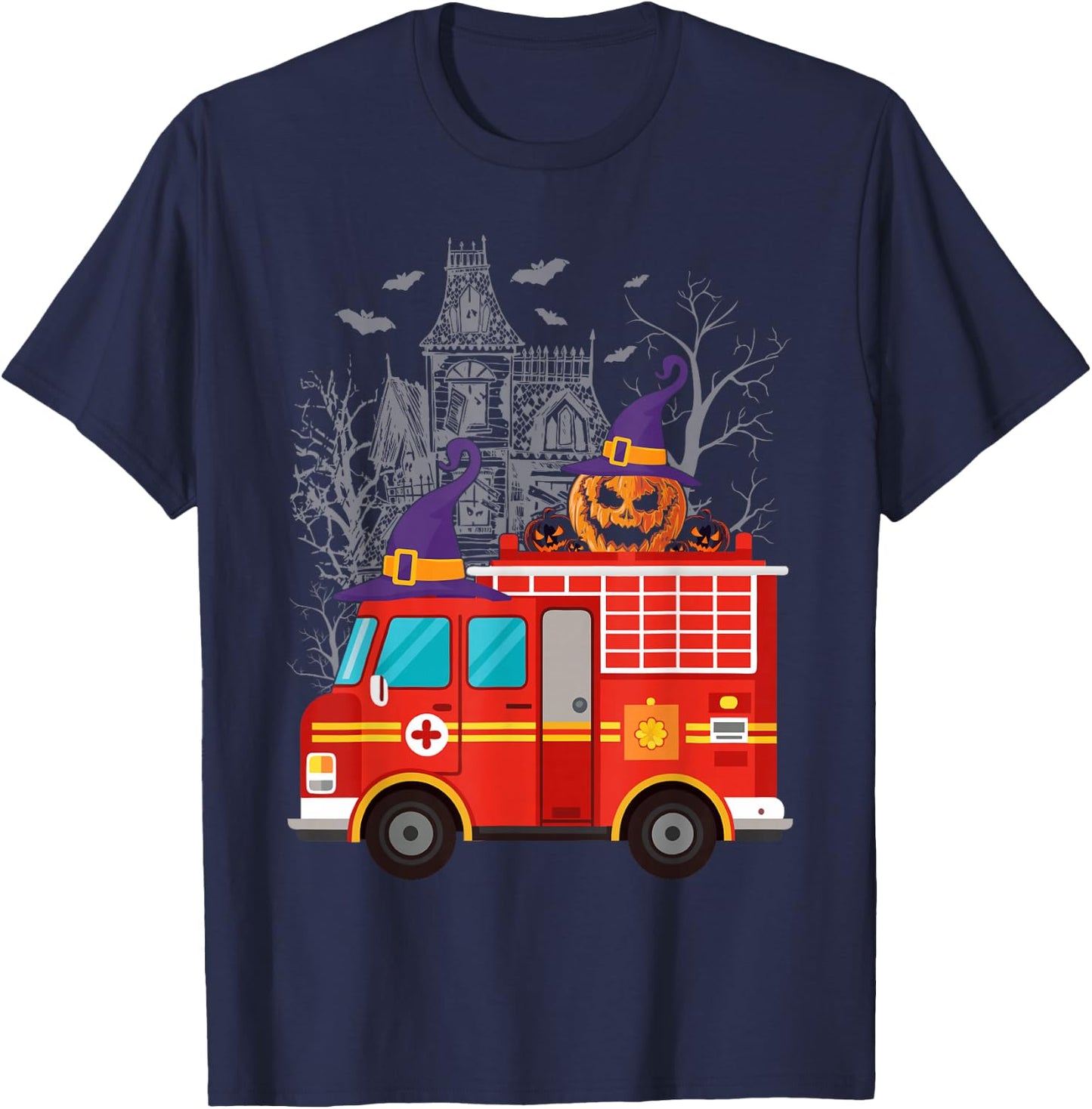 Kids Firetruck Pumpkin Firefighter Toddler Boys Halloween T-Shirt - T-Shirt | Navy