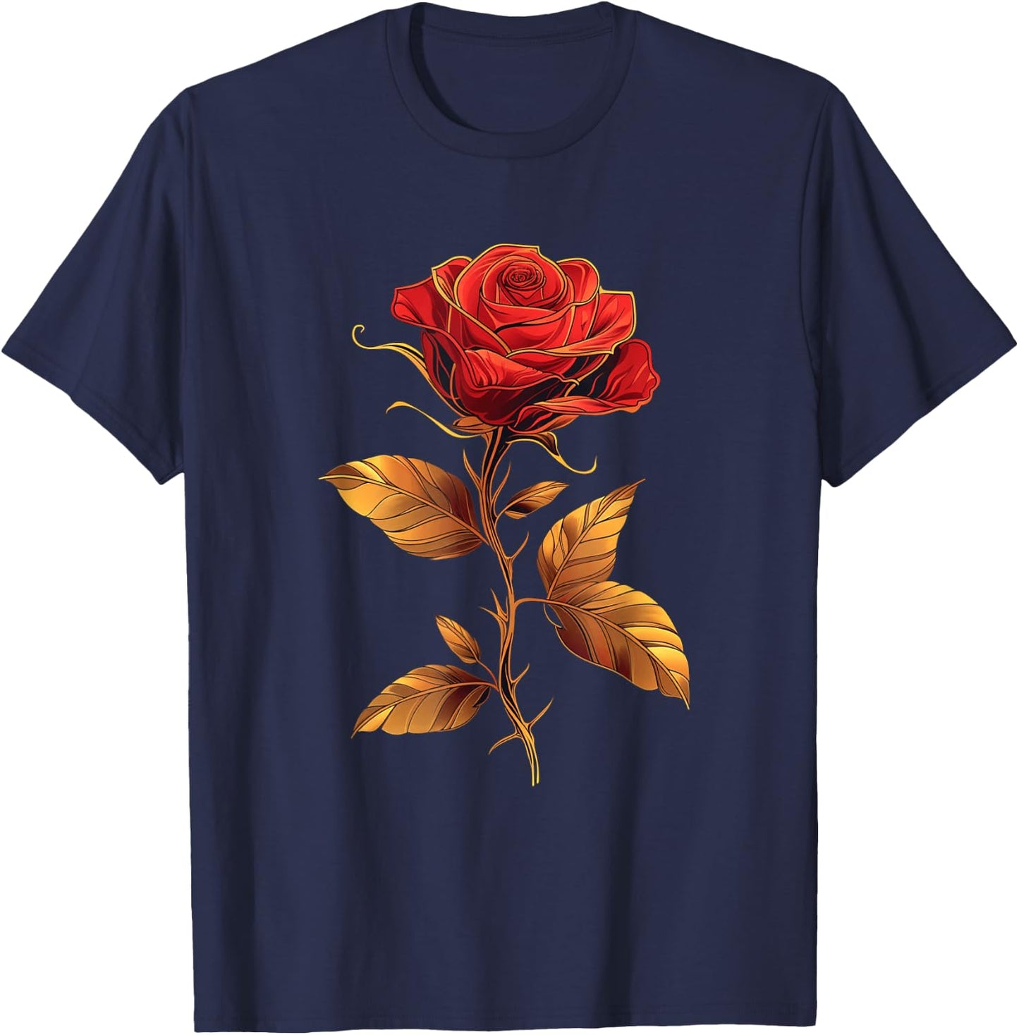 Deep Red Rose Black And Gold Graphic Men Women T-Shirt - T-Shirt | Navy