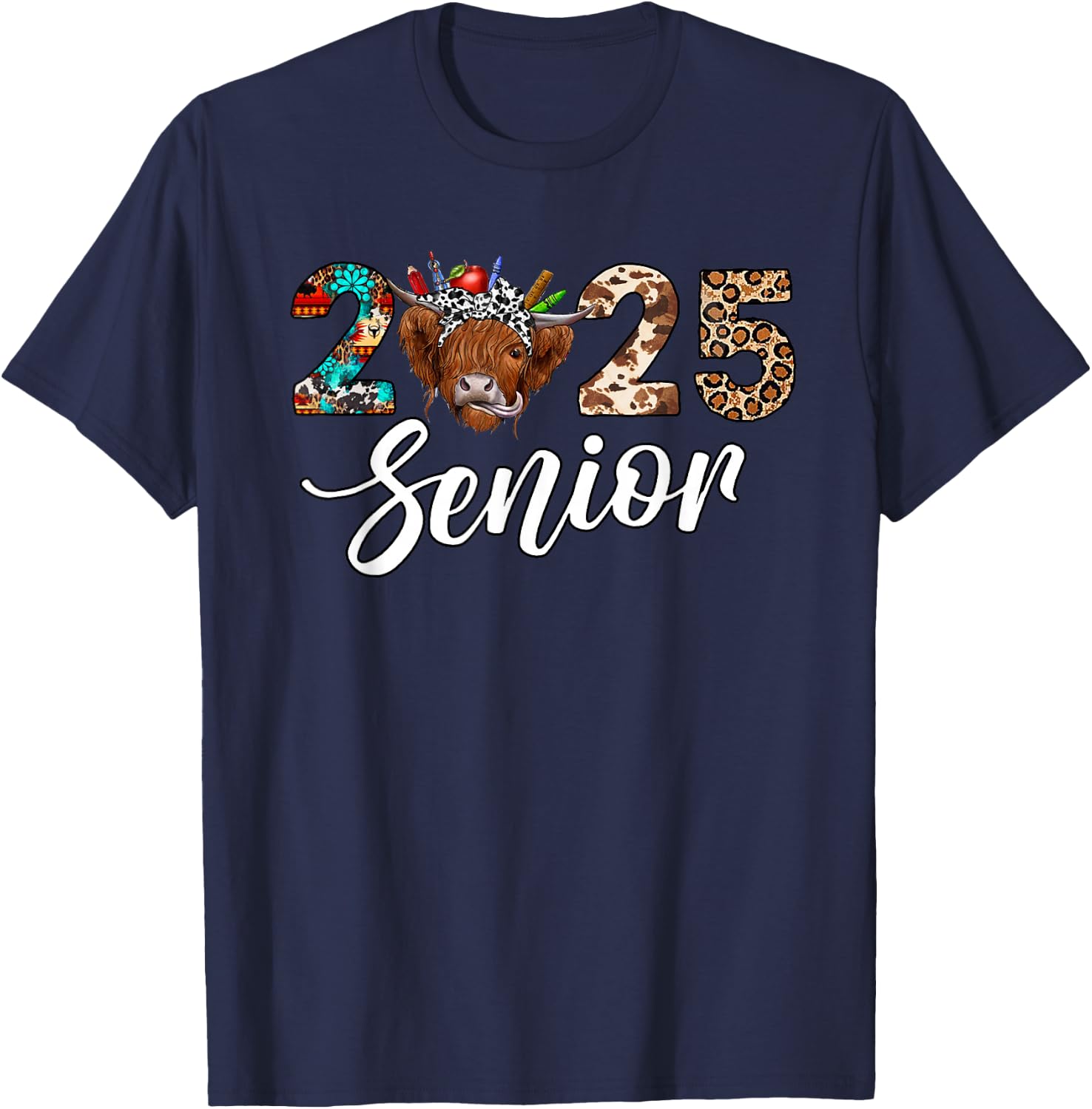 Senior 2025 Highland Cow Western Themed Back To School T-Shirt - T-Shirt | Navy