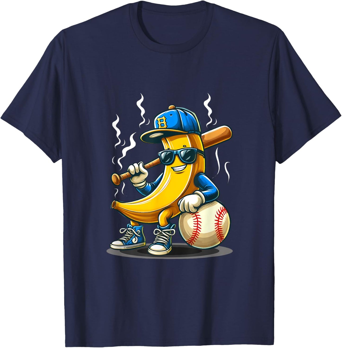Banana Wearing Sunglasses Hat Playing Baseball Player Fruit T-Shirt - T-Shirt | Navy