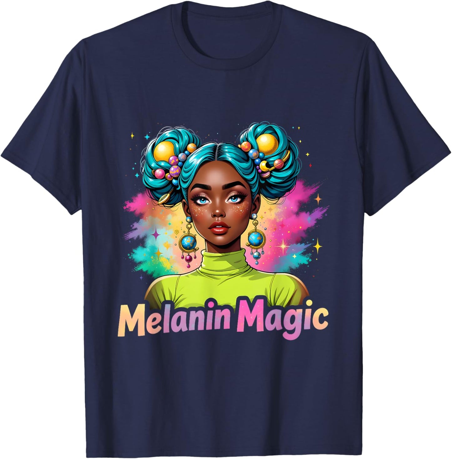 Retro Melanin Magic Colorful Empowerment Black Woman Design T-Shirt - T-Shirt | Navy
