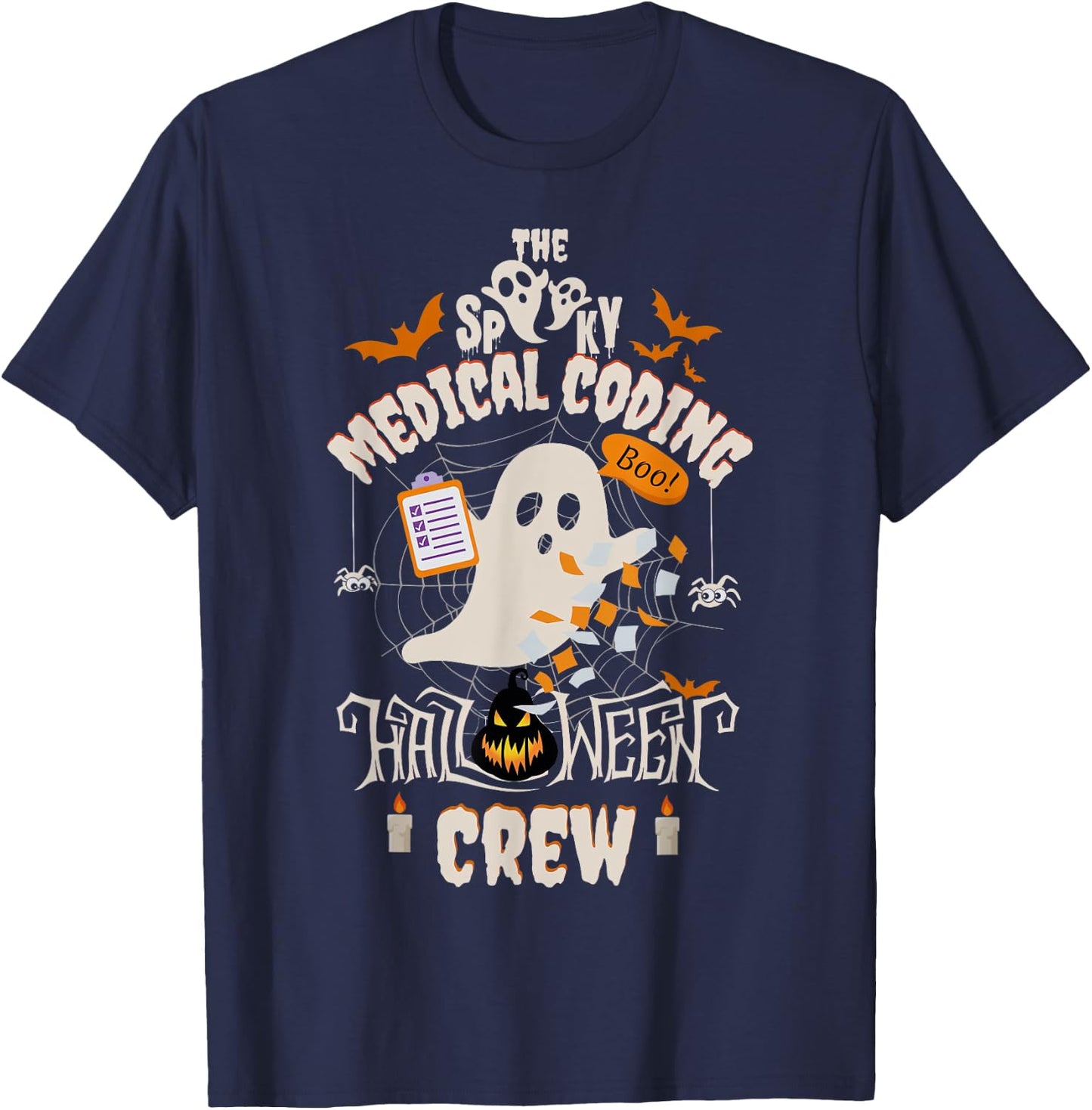 Ghost Spooky Medical Coding Crew Halloween Student Coder T-Shirt - T-Shirt | Navy