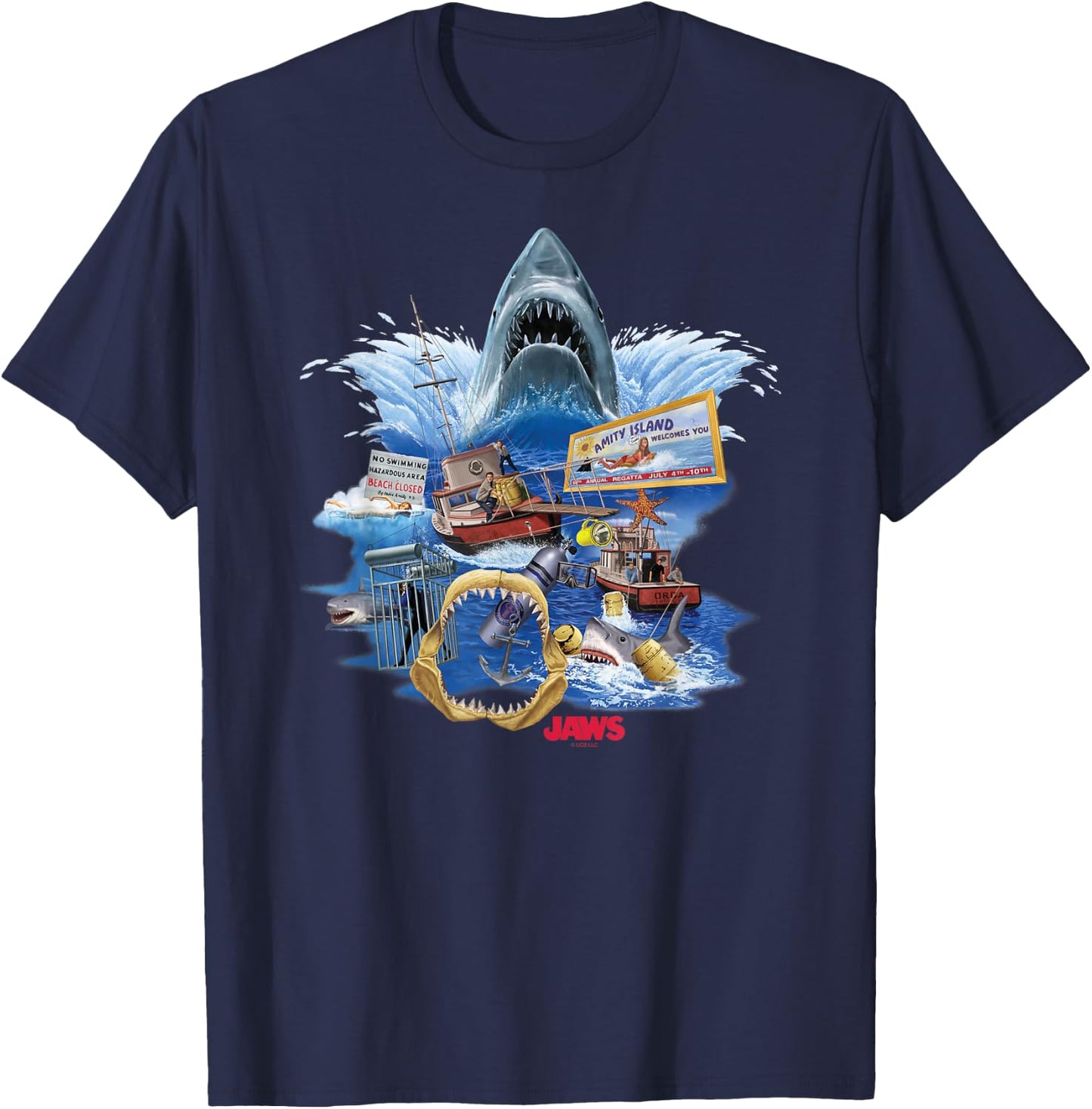 Jaws Poster Collage , Small, Black T-Shirt - T-Shirt | Navy