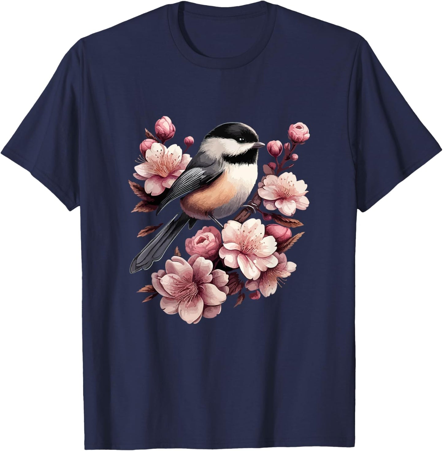 Chickadee Blossom Spring Birdwatching Bird Lover Cute T-Shirt - T-Shirt | Navy