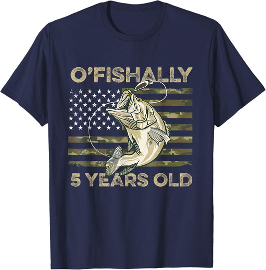Ofishally 5 Year Old Shirt 5th Birthday US Flag Fishing T-Shirt - T-Shirt | Navy