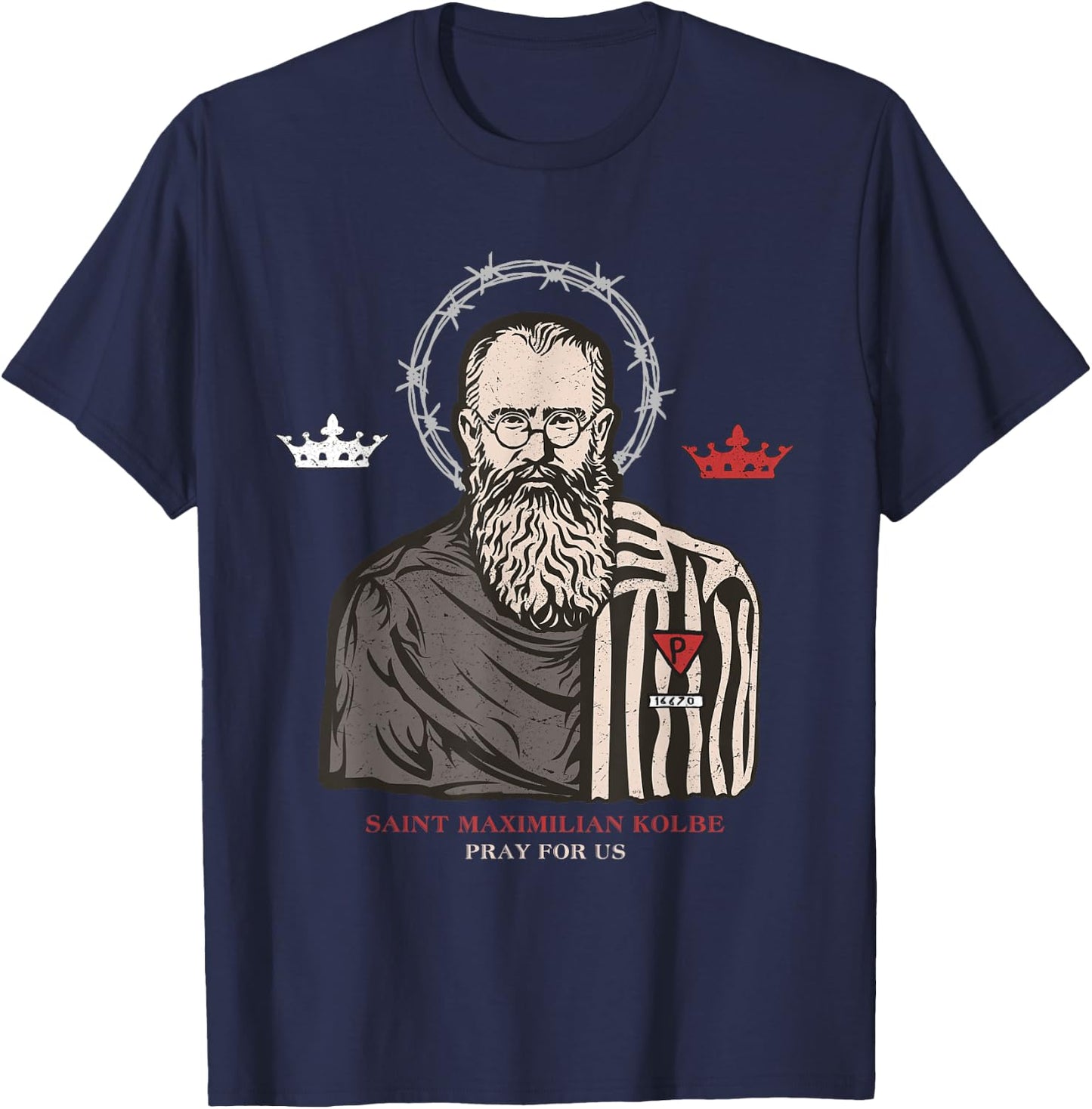 St Maximilian Kolbe Two Crowns Catholic Saint T-Shirt - T-Shirt | Navy