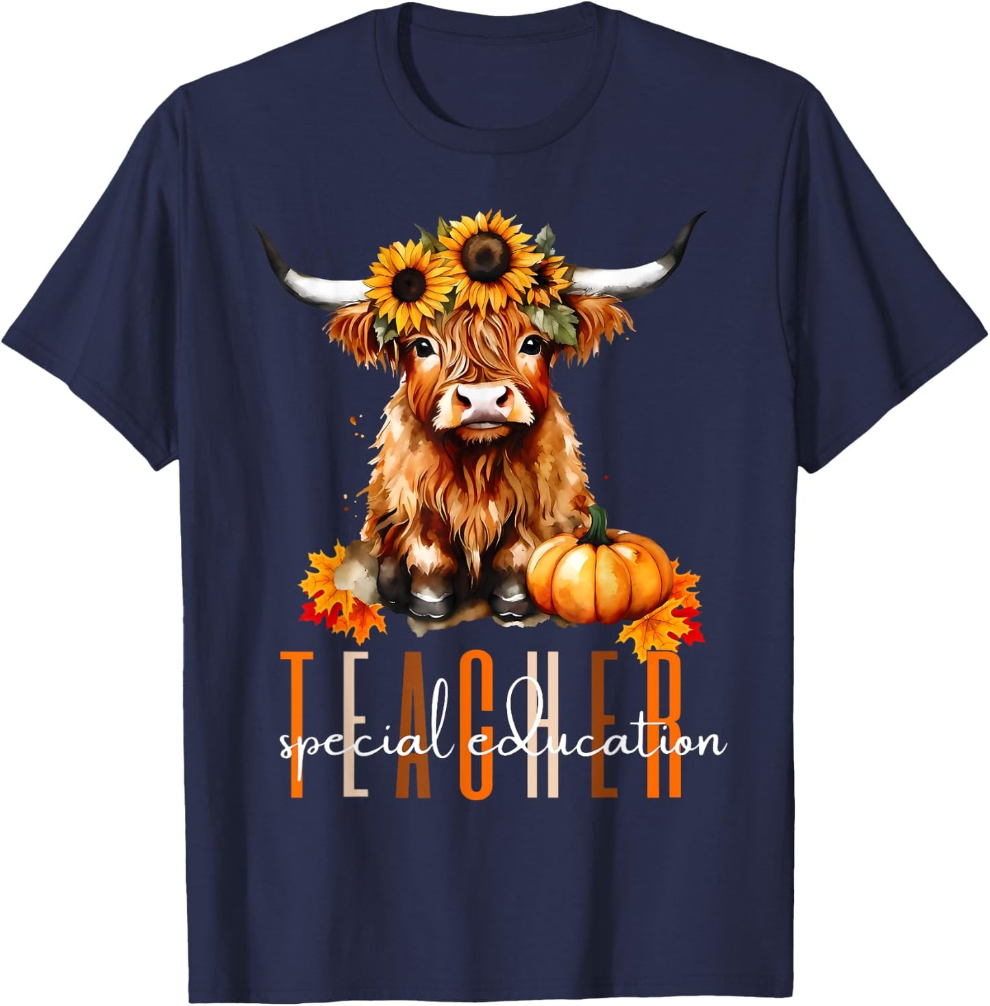 Fall Highland Cow Special Education Teacher Halloween Autumn Women T-Shirt - T-Shirt | Navy