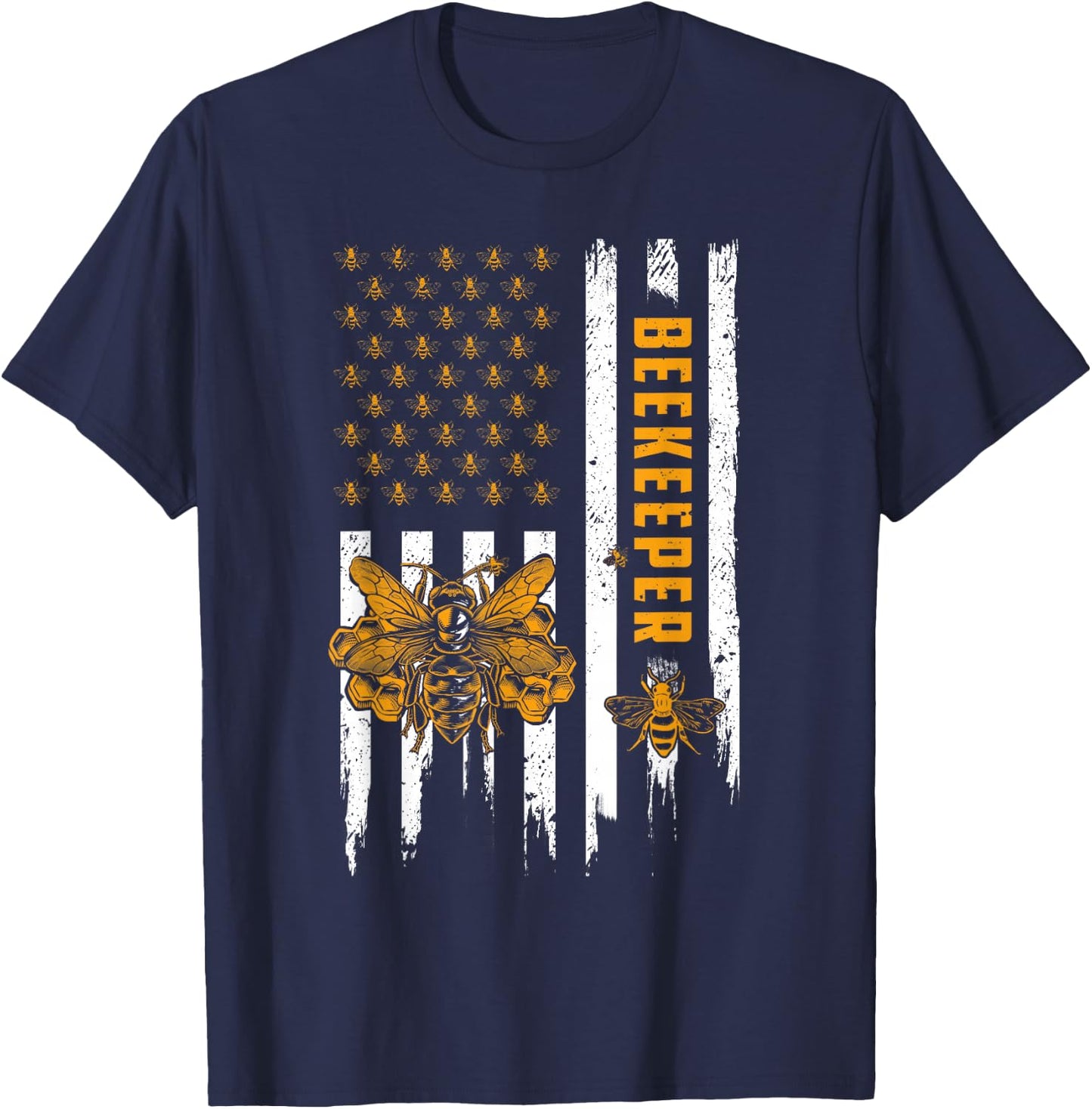 Beekeeping American Flag Honeycomb Honey Bees Beekeeper T-Shirt - T-Shirt | Navy