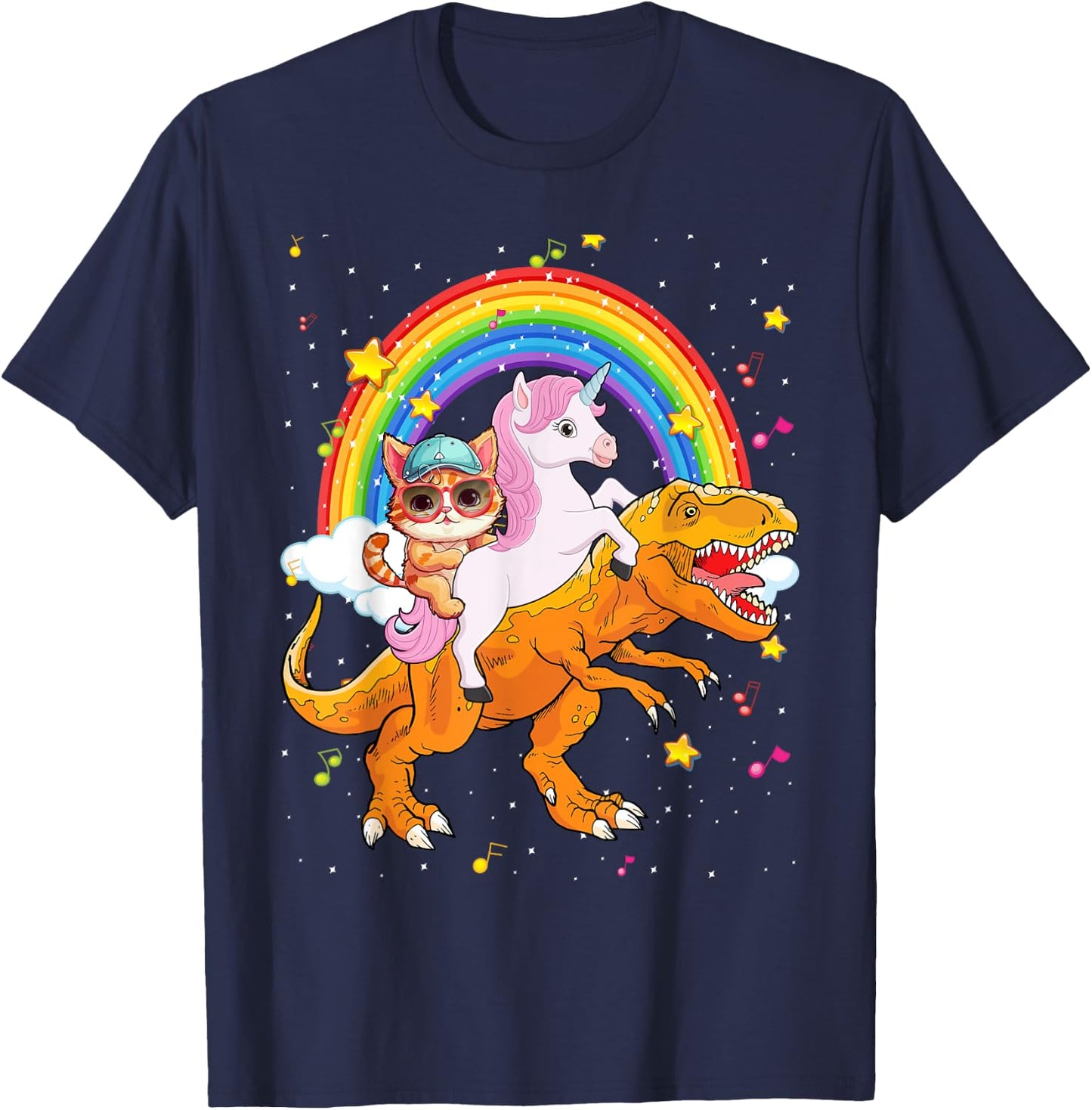 Cat Unicorn Riding Dinosaur T rex Kitten Lover Space Galaxy T-Shirt - T-Shirt | Navy