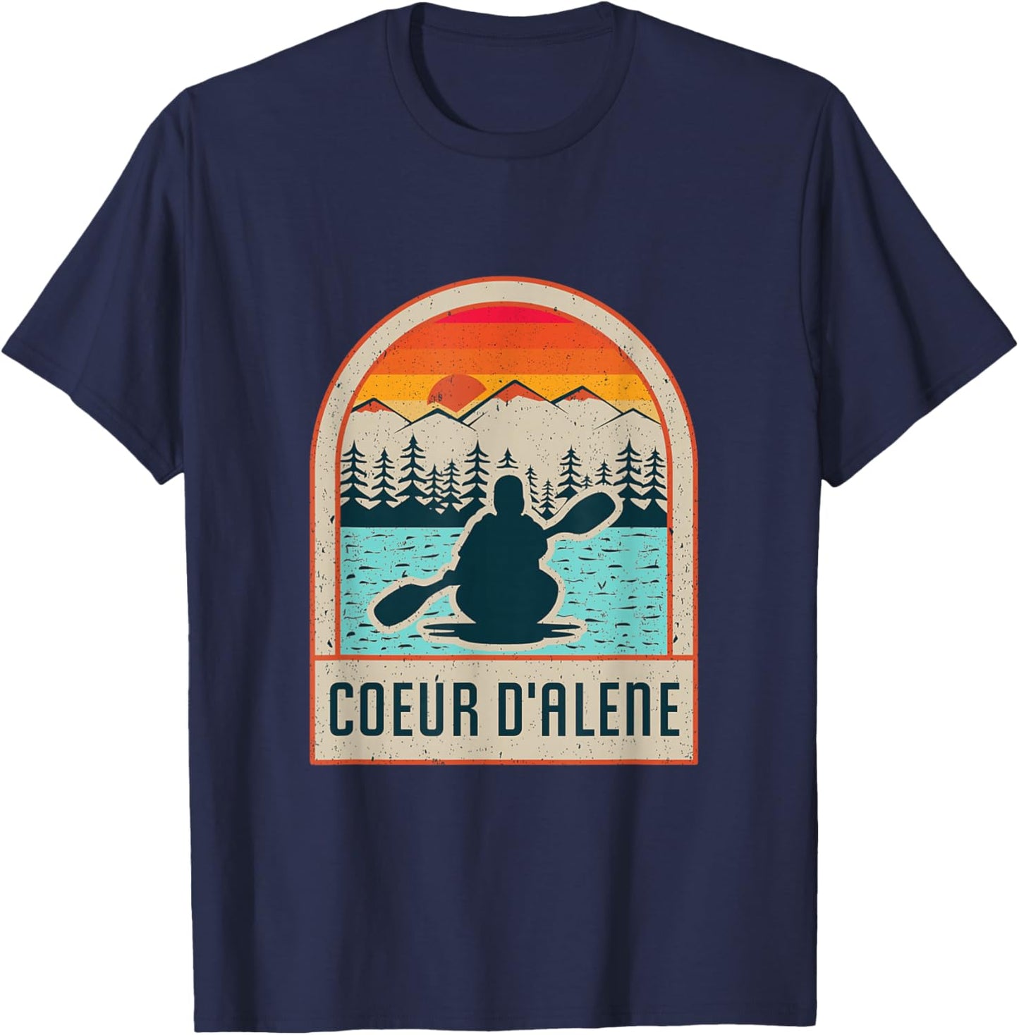 Vintage Sunset Lake Coeur d'Alene Idaho Kayaking Paddle T-Shirt - T-Shirt | Navy