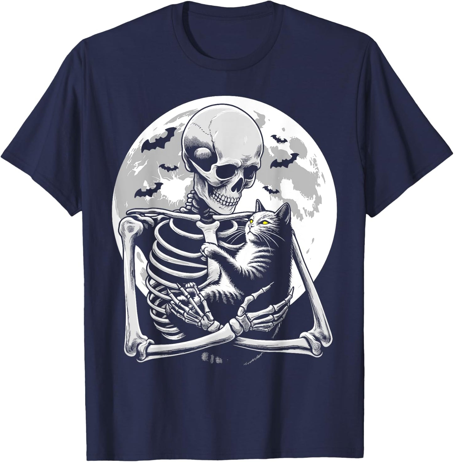Cat skeleton Halloween skull skeleton holding cat Kitty moon Men Women Kids T-Shirt - T-Shirt | Navy