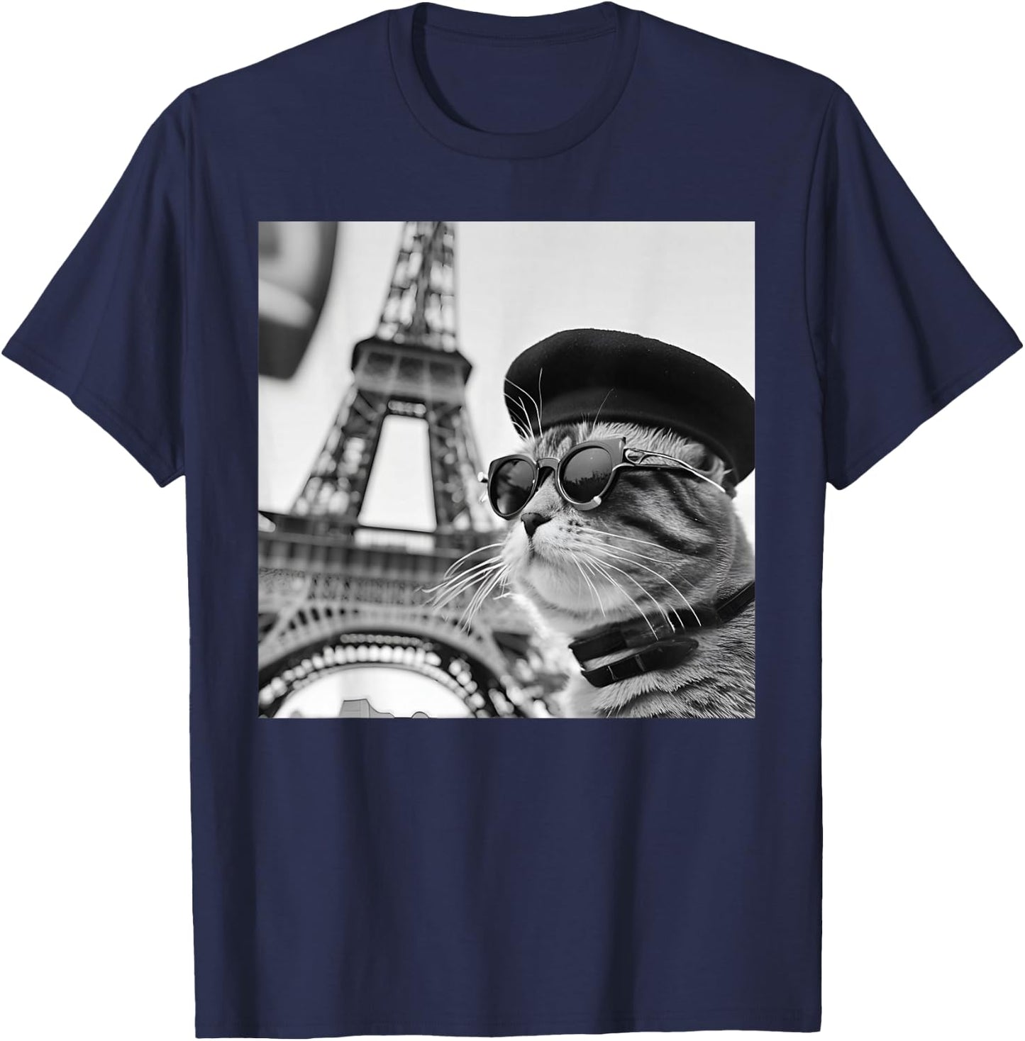 Funny Cat Wearing Sunglasses and A Beret At The Eiffel Tower T-Shirt - T-Shirt | Navy